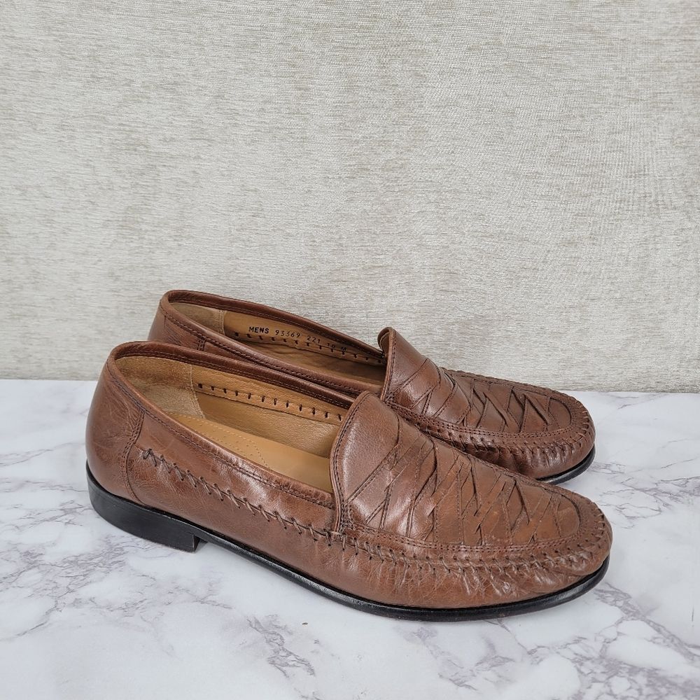 Brass Boot Walking Gloves Brown Basket Woven Leather Loafers Size 10 M Vintage